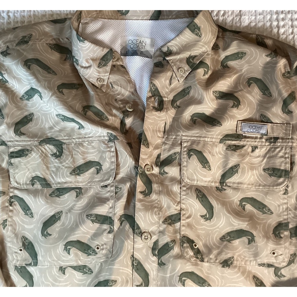 Ocean Coast Mens Large Long Sleeve Fishing Shirt Bass Print vented Outdoor